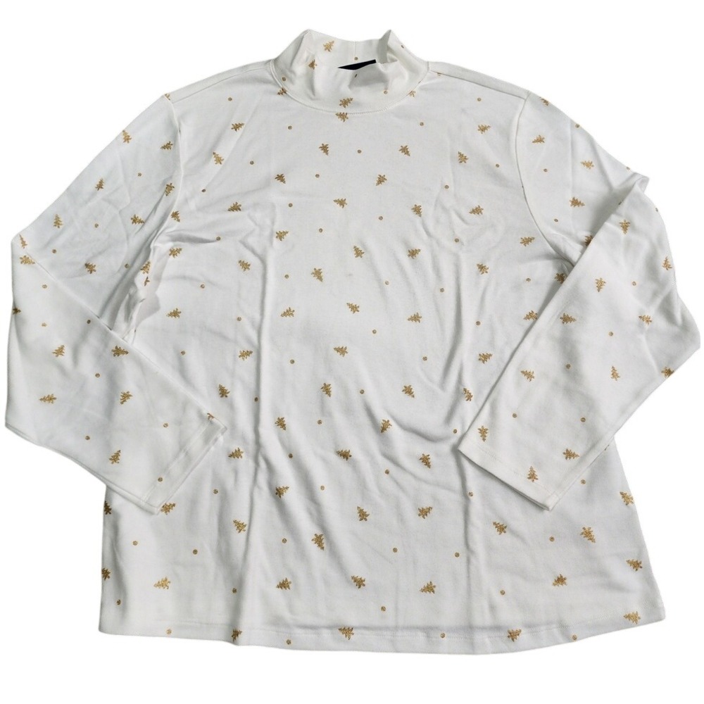 Karen Scott White Long Sleeve Mock Neck Top Gold Glitter Trees Holiday 2X‎